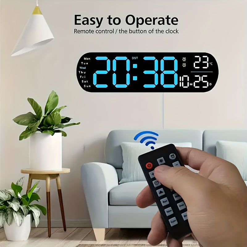 Digital Wall Clock with Remote Control 13.7 Inch Large LED Display Dual Alarms Auto Dimmable Night Light