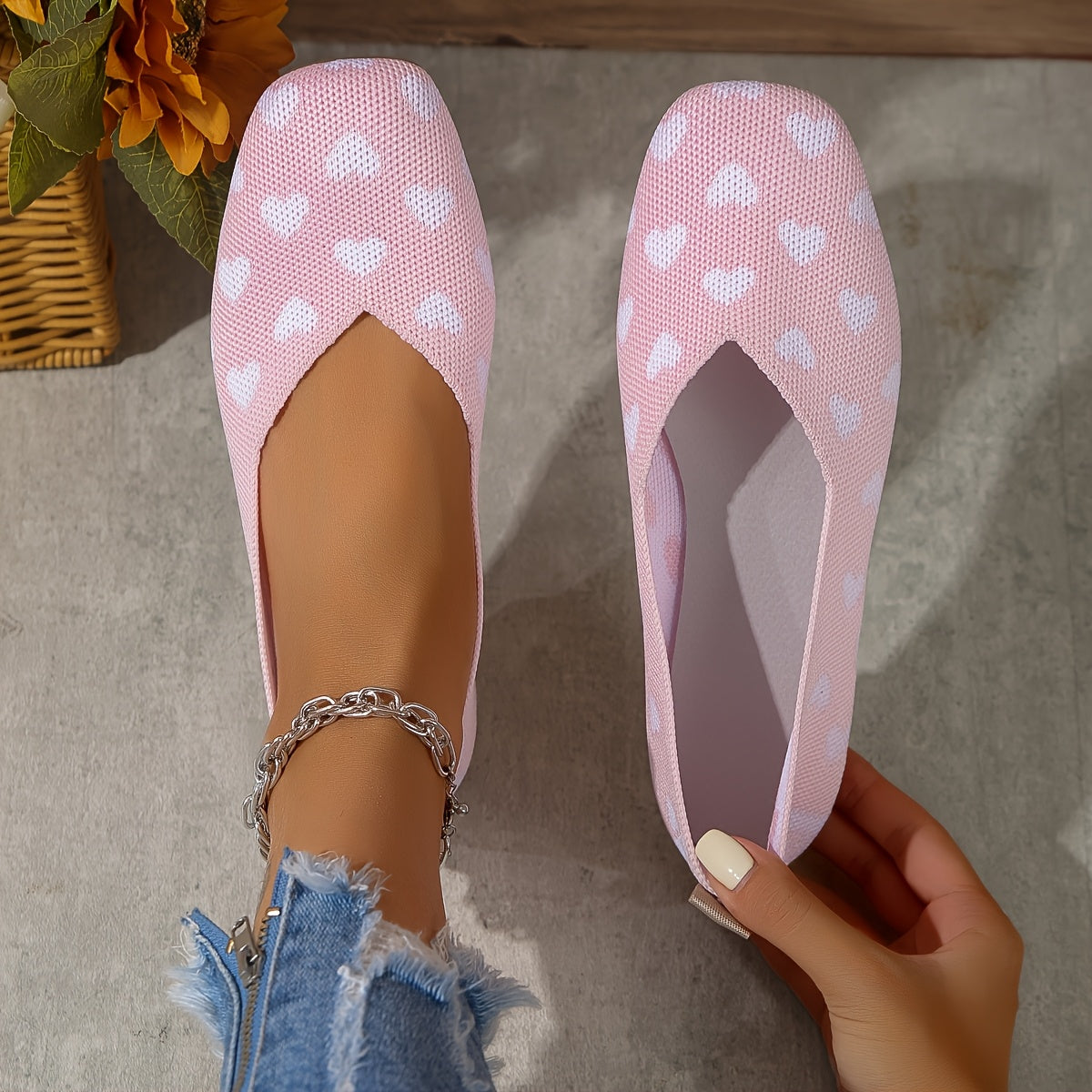 Women's Casual Ballet Flats with Heart Pattern and Mary-Jane Strap