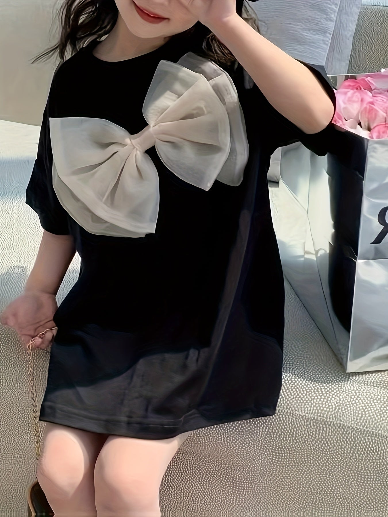 Qizlar uchun bahor va yozda bowknot tafsilotli tasodifiy va qulay T-kofta