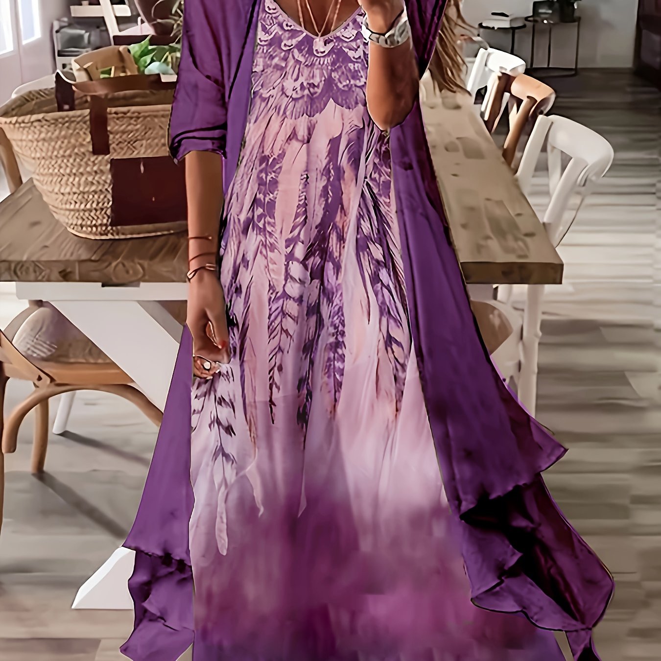 Vintage Floral Printed Short Sleeve Dress with Pleats and Fake Two-Piece Design