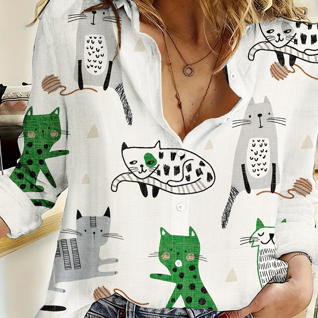 Women's Long Sleeve Casual Shirt Polyester Spandex with Cat and Fish Print for Spring and Summer