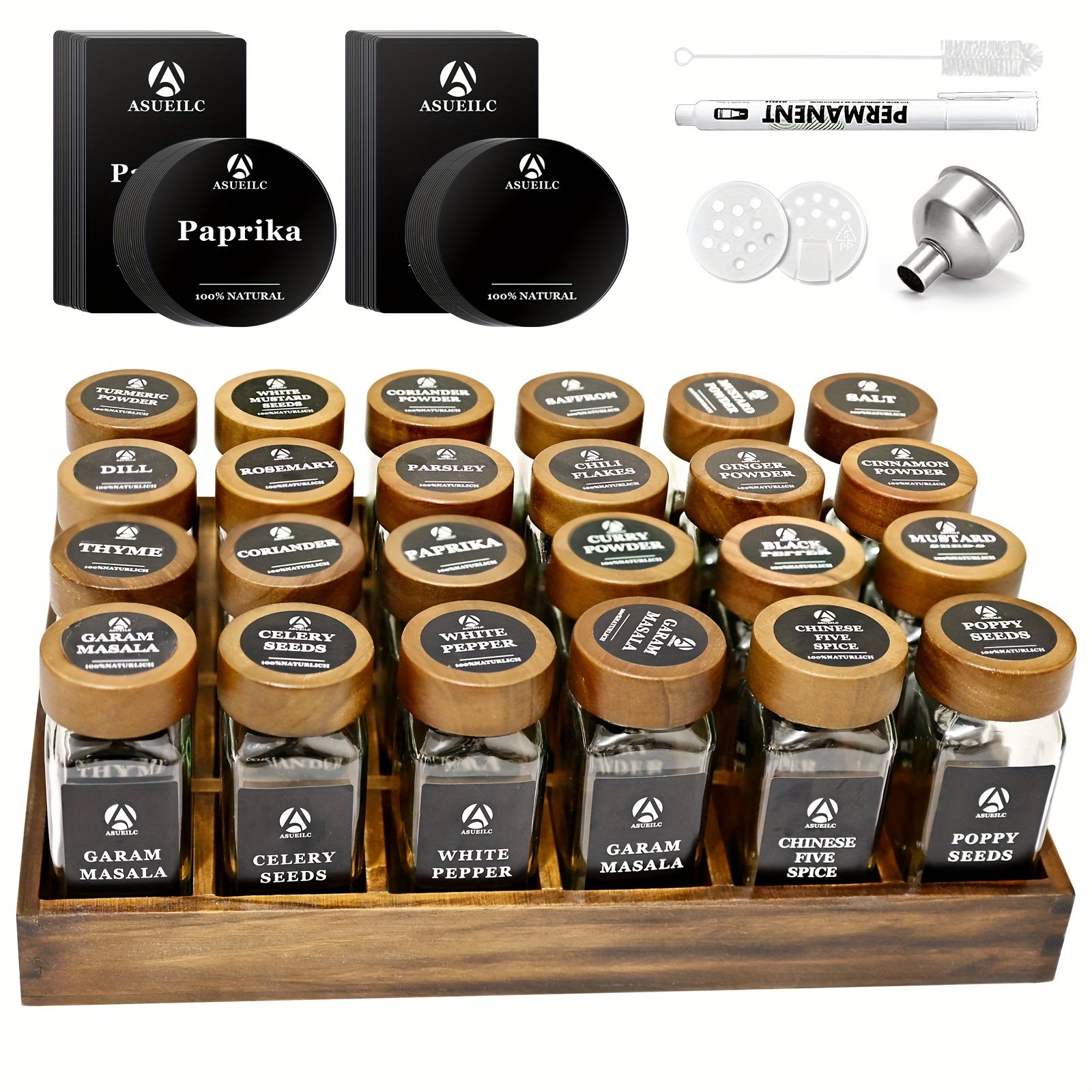 24-Piece Sandalwood Spice Rack Set with Glass Jars and Waterproof Labels