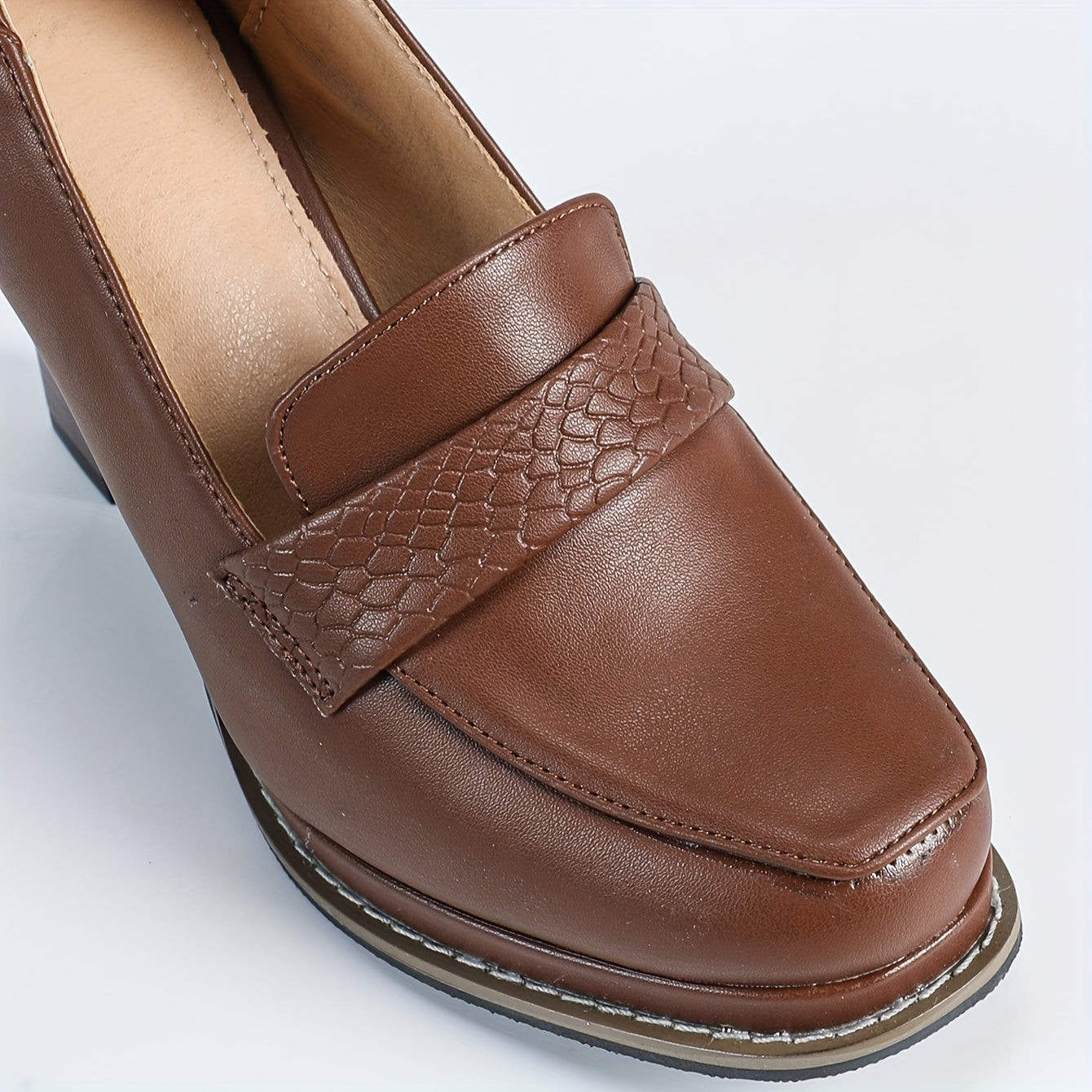 Women's Wood Grain Block Heel Pumps Round Toe Formal Shoes Black