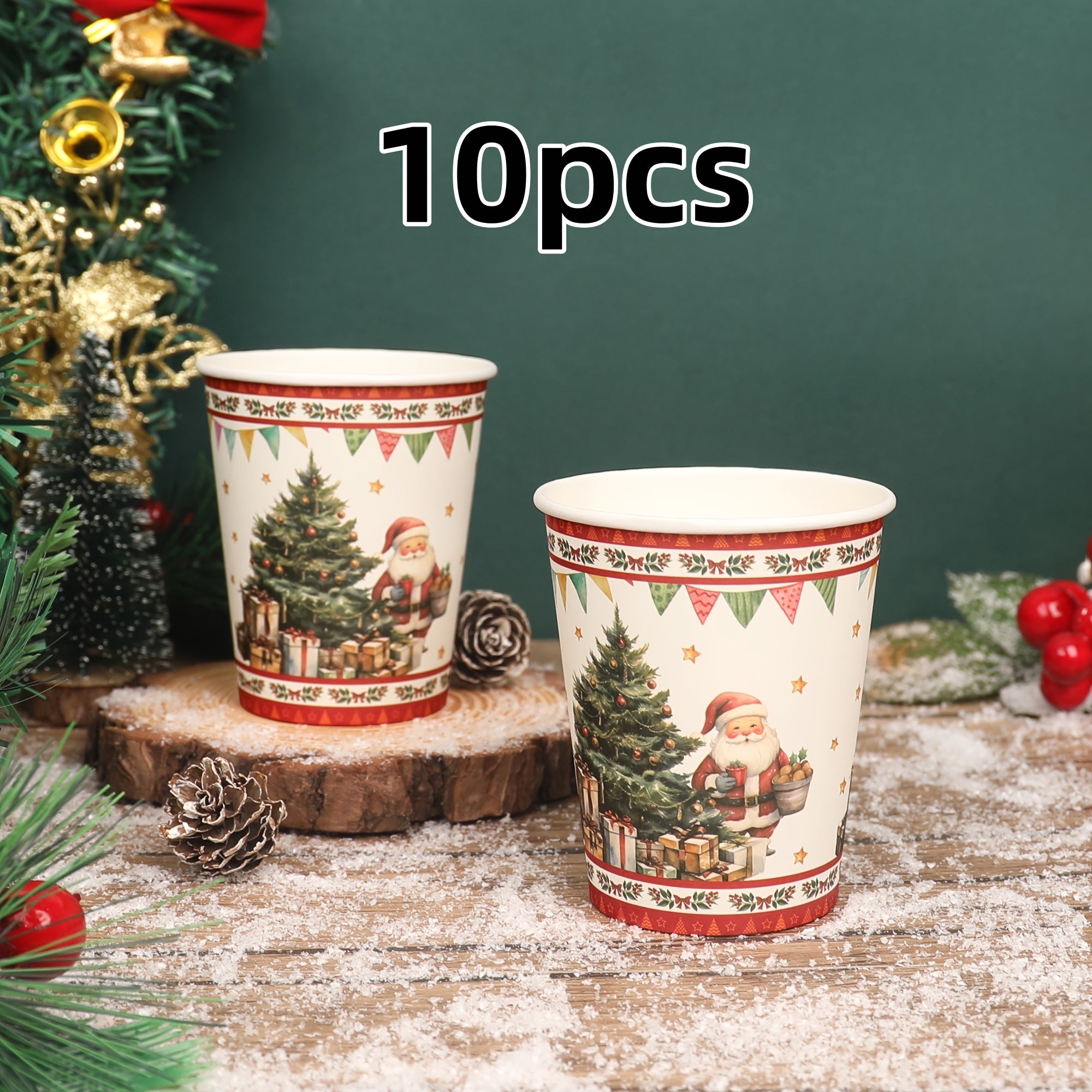 Qog'ozdan yasalgan bir martalik chashka Rojdestvo daraxti va Eski odam naqshli bayram kechasi uchun 8oz