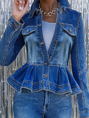 Women's Plus Size Denim Jacket Ruffle Hem Washed Blue Lightweight