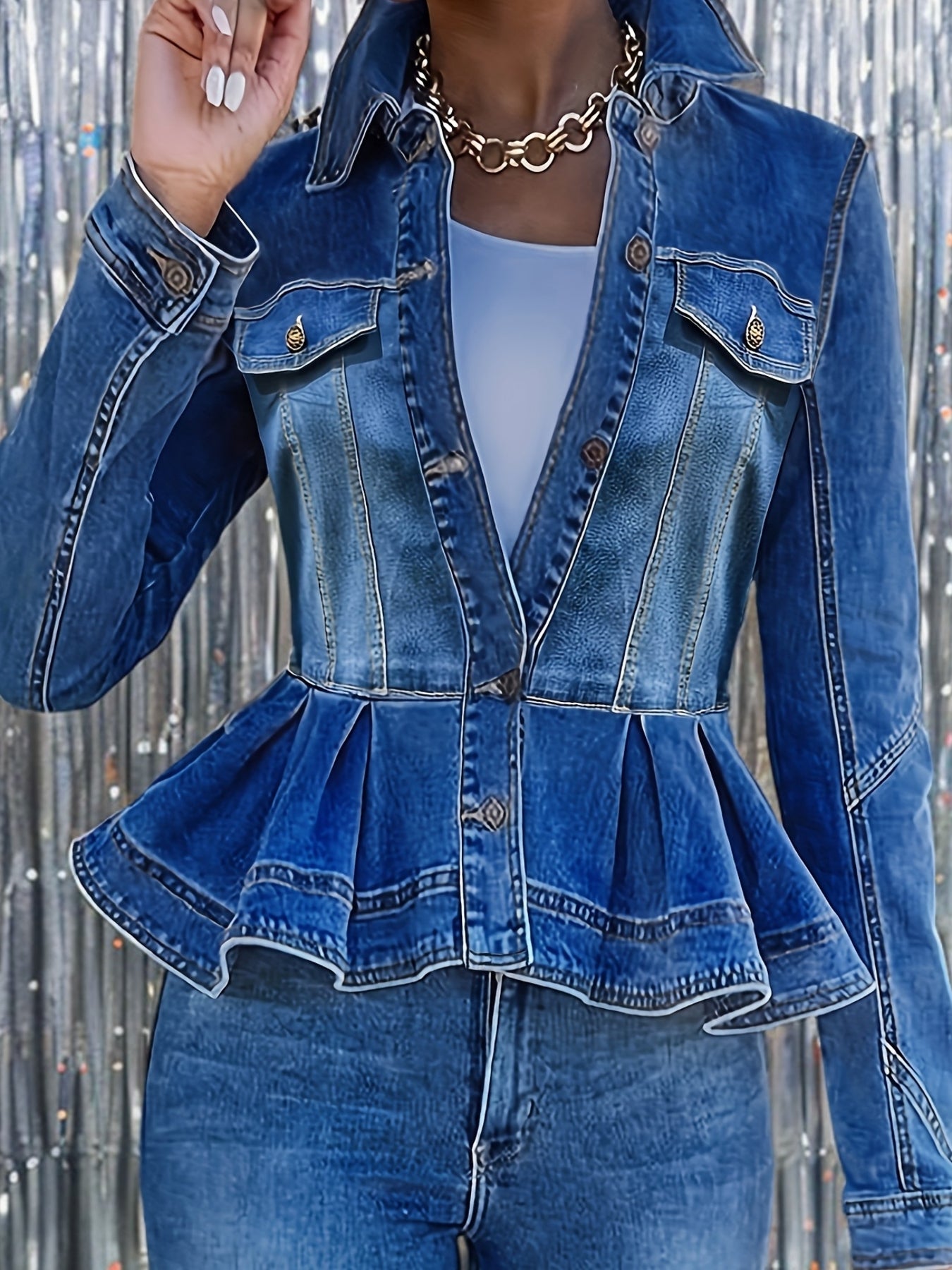 Women's Plus Size Denim Jacket Ruffle Hem Washed Blue Lightweight