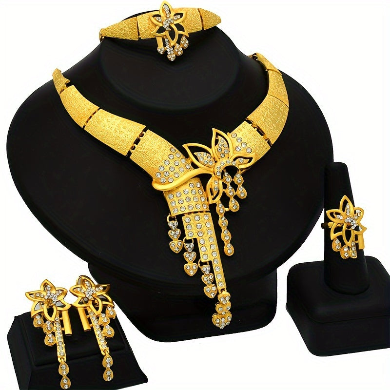 Gold Plated Hollow Flower Jewelry Set for Weddings and Parties Necklace Earrings Ring Bracelet
