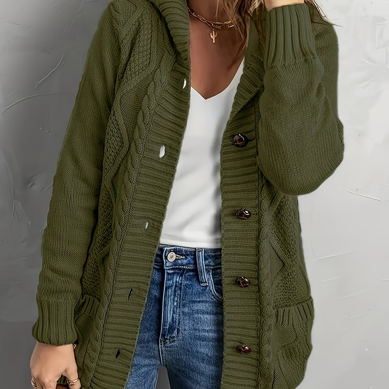 Plus Size Women's Cable Knit Hooded Cardigan Long Sleeve Fall Casual Sweater