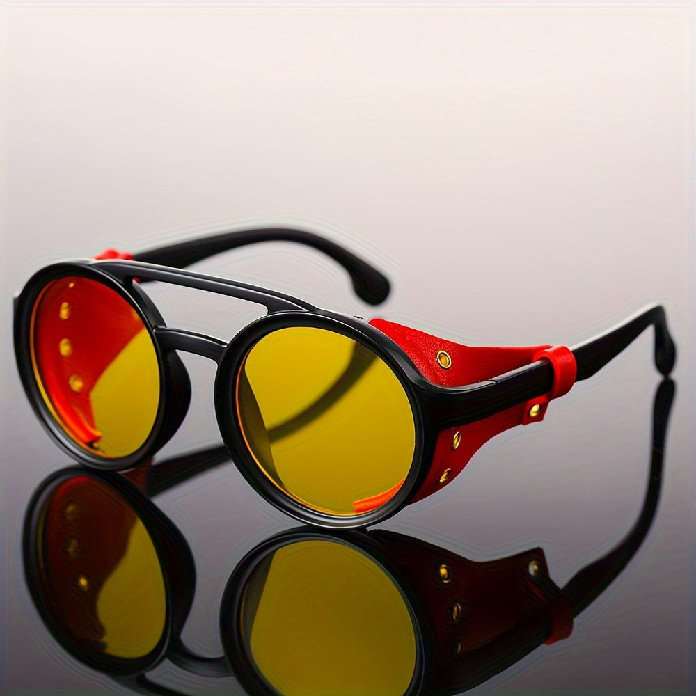 Retro Steampunk Round Sunglasses for Men and Women PU Leather Shields Double Bridge Outdoor Party Vacation Travel