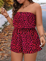 Plus-Size Women's Leopard Print Strapless Jumpsuit Summer Casual Non-Stretch Breathable