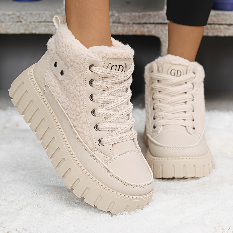 Women's Fleece-Lined Winter Boots Beige Rubber Sole Lace-Up Mid-Calf Snow Boots