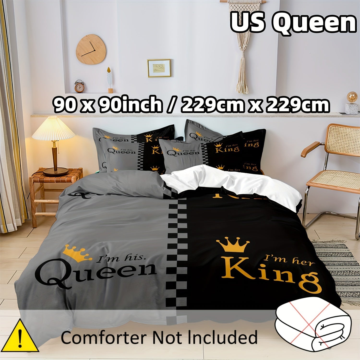 Black and Gray Crown Design Duvet Cover Set for Men Women 2/3pcs Queen King