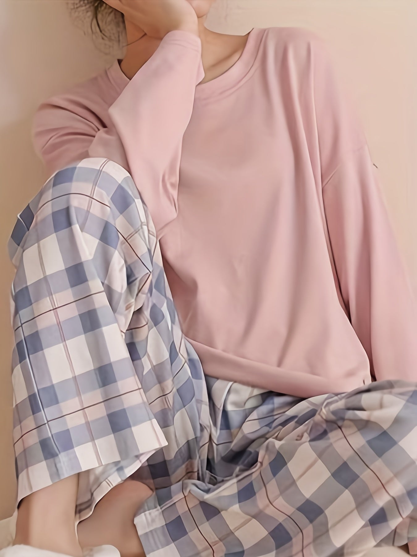 Teen Plaid Long Sleeve Pajama Set for Spring and Fall Polyester Casual Home Wear