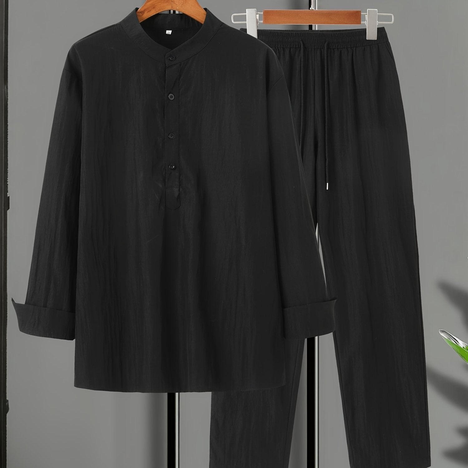 Men's Casual Polyester Suit Set with Solid Color Long Sleeve Shirt and Pants Plus Size
