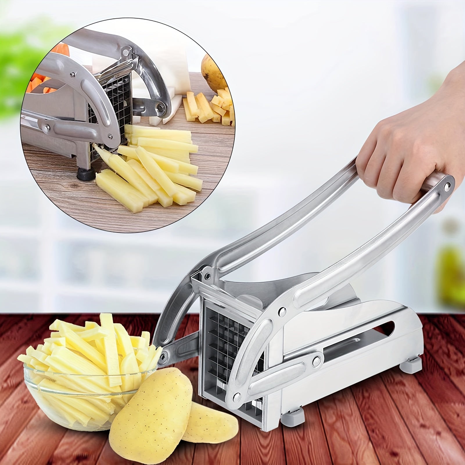 Stainless Steel French Fry Cutter with Non-Slip Grip 1/2 Inch and 3/8 Inch Blades for Fruits and Vegetables