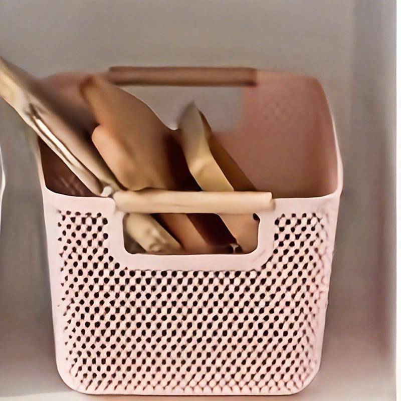 Rectangular Storage Basket with Wooden Handles, Multi-Compartment, Versatile Use for Bathroom Kitchen Bedroom Office Outdoors