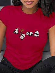 Camiseta casual de poliéster para mujer talla grande con estampado de panda para todas las estaciones