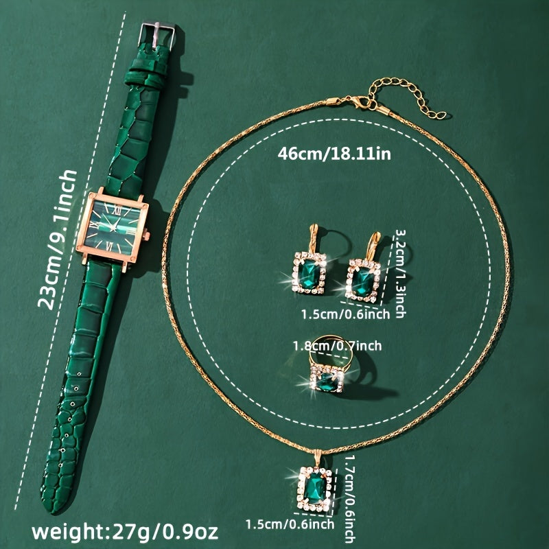 5 ta ayollar uchun vintage kvadrat kvarts soatlari to'plami, PU charm bilan taqilgan va sintetik toshli zargarlik buyumlari bilan