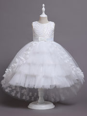 Girls Sleeveless Princess Dress with Lace Floral Embellishments and Flowing Tail for Pageants Weddings and Parties