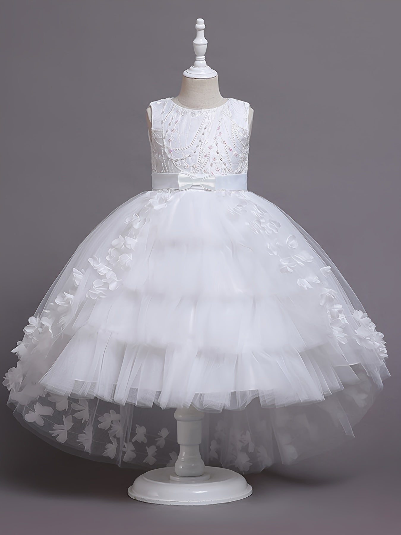 Girls Sleeveless Princess Dress with Lace Floral Embellishments and Flowing Tail for Pageants Weddings and Parties