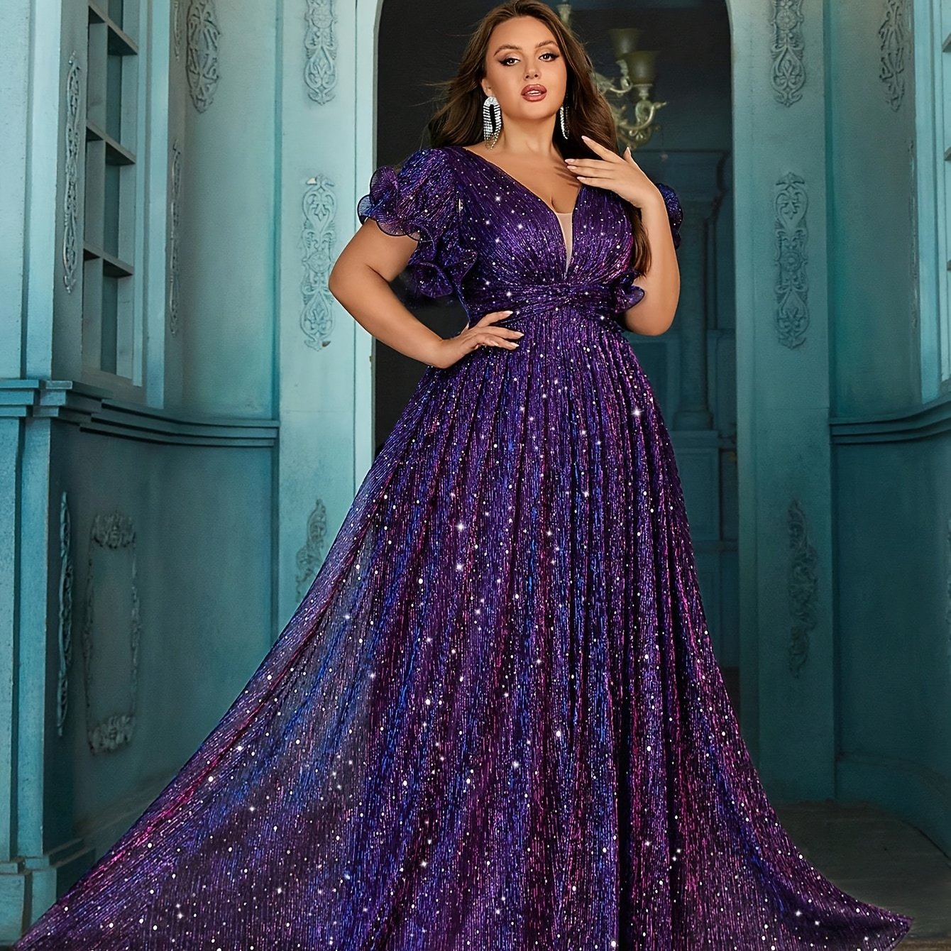 Plus Size Women's Ruffled Lace V-Neck Evening Gown with Back Zipper