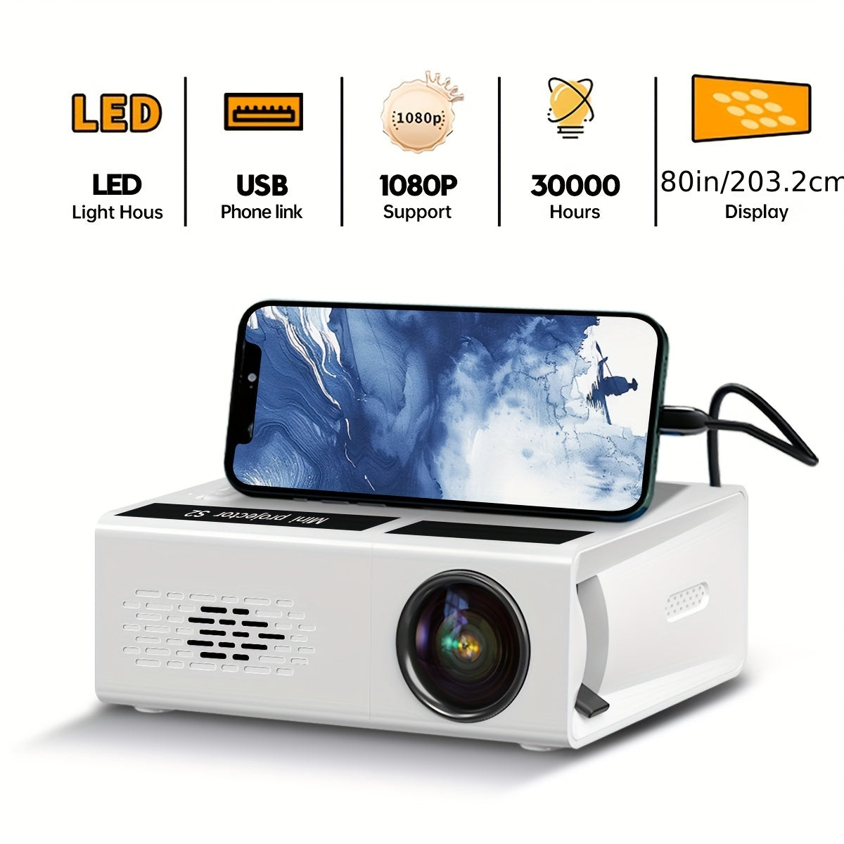 Mini White Portable Projector 1080P Full HD Support for Movies and Gaming