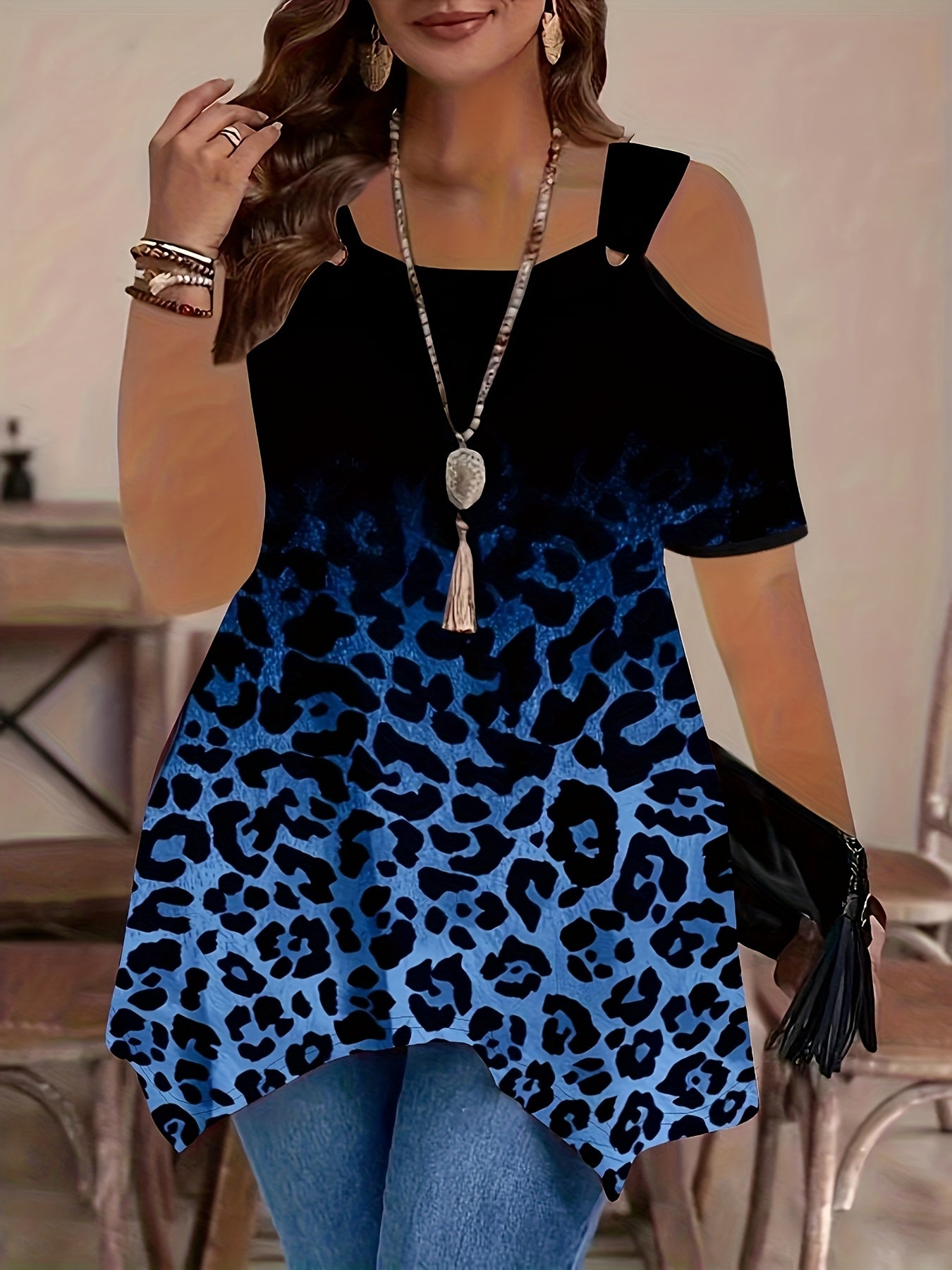 Women’s Off-Shoulder Short Sleeve Top Gradient Purple Black Leopard Print