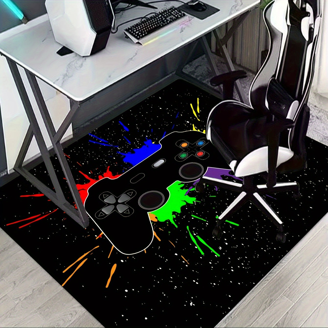 Gaming Area Rug with Gamepad Theme, Washable, Cyberpunk Style for Living Room