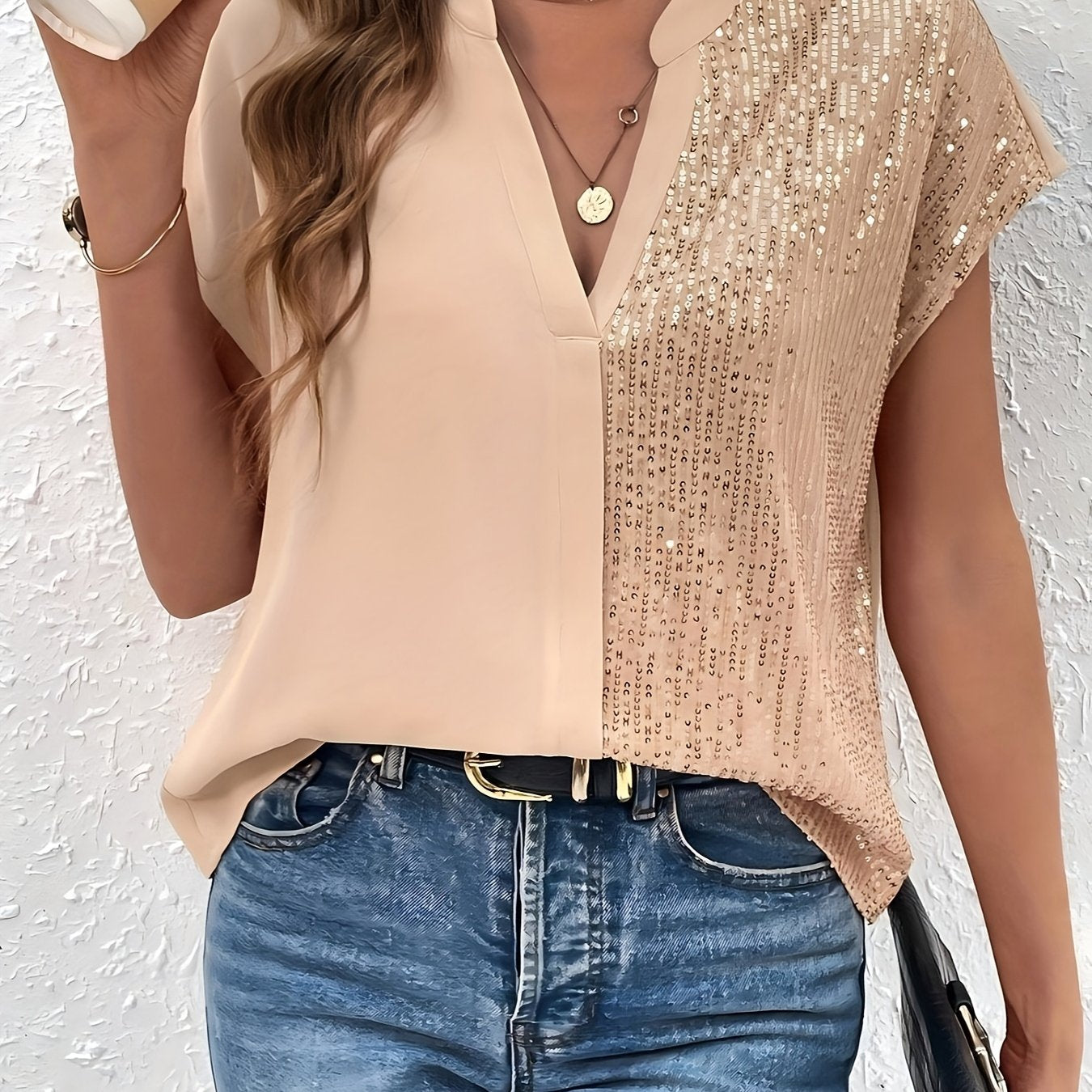 Women's Summer Shirt with Batwing Sleeves Sequin Patchwork V-Neck Hollow Design