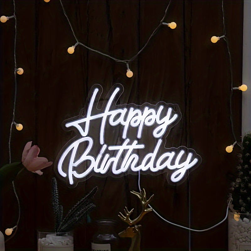 Neon Happy Birthday Sign Blue USB Wall Mountable Festive Room Decor