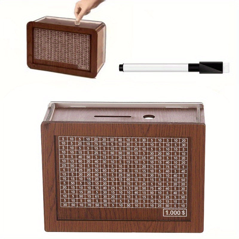 Caja de ahorros de madera con objetivos en moneda y números, caja de dinero con contador de objetivos de ahorro, regalo perfecto.