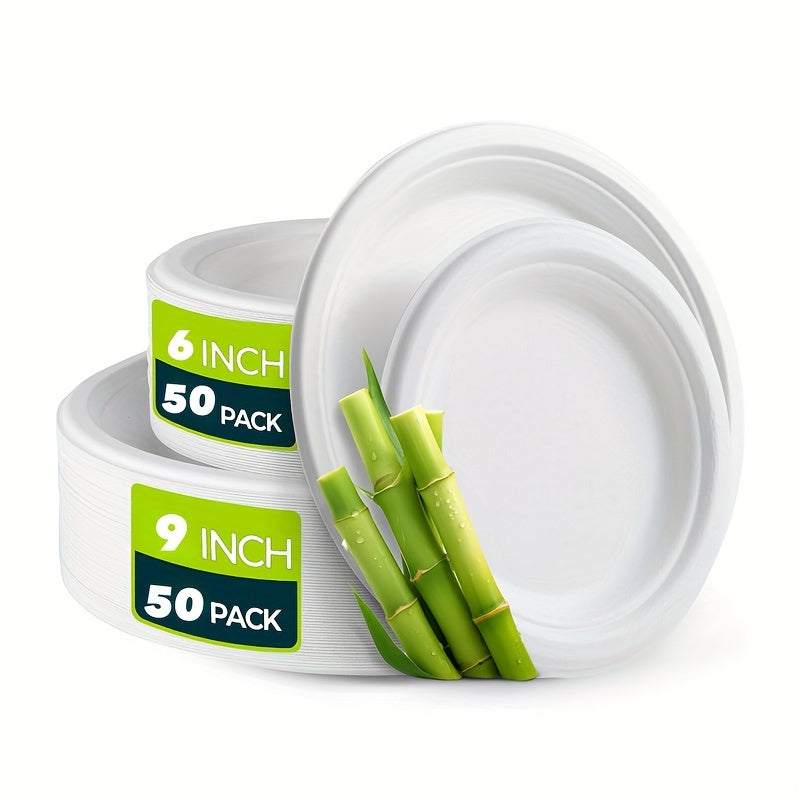 Set of 100 Heavy Duty Sugarcane Fiber Disposable Paper Plates for Parties