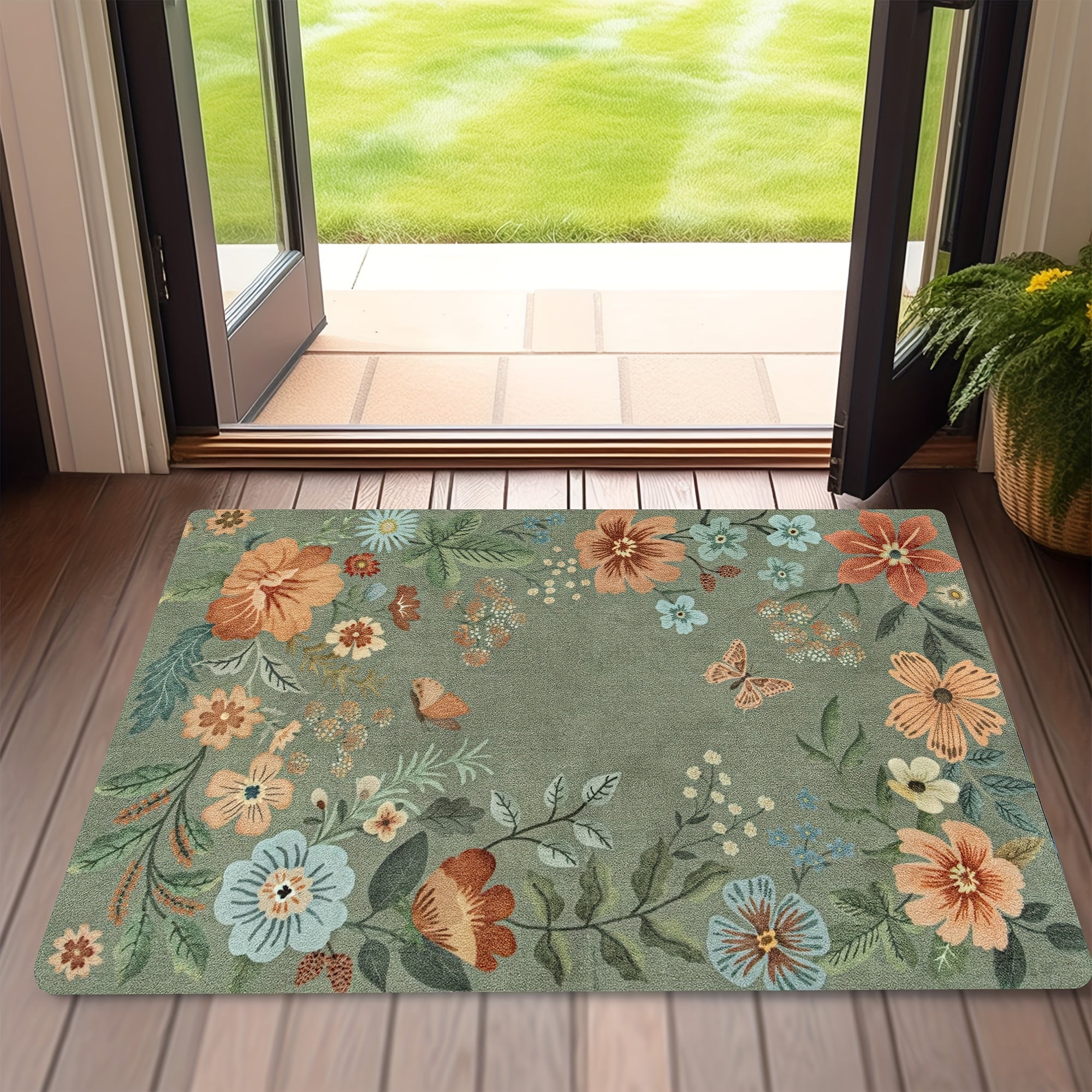 Durable Polyester Doormat with PVC Backing, Washable Floral Rug for Entryway and Living Room