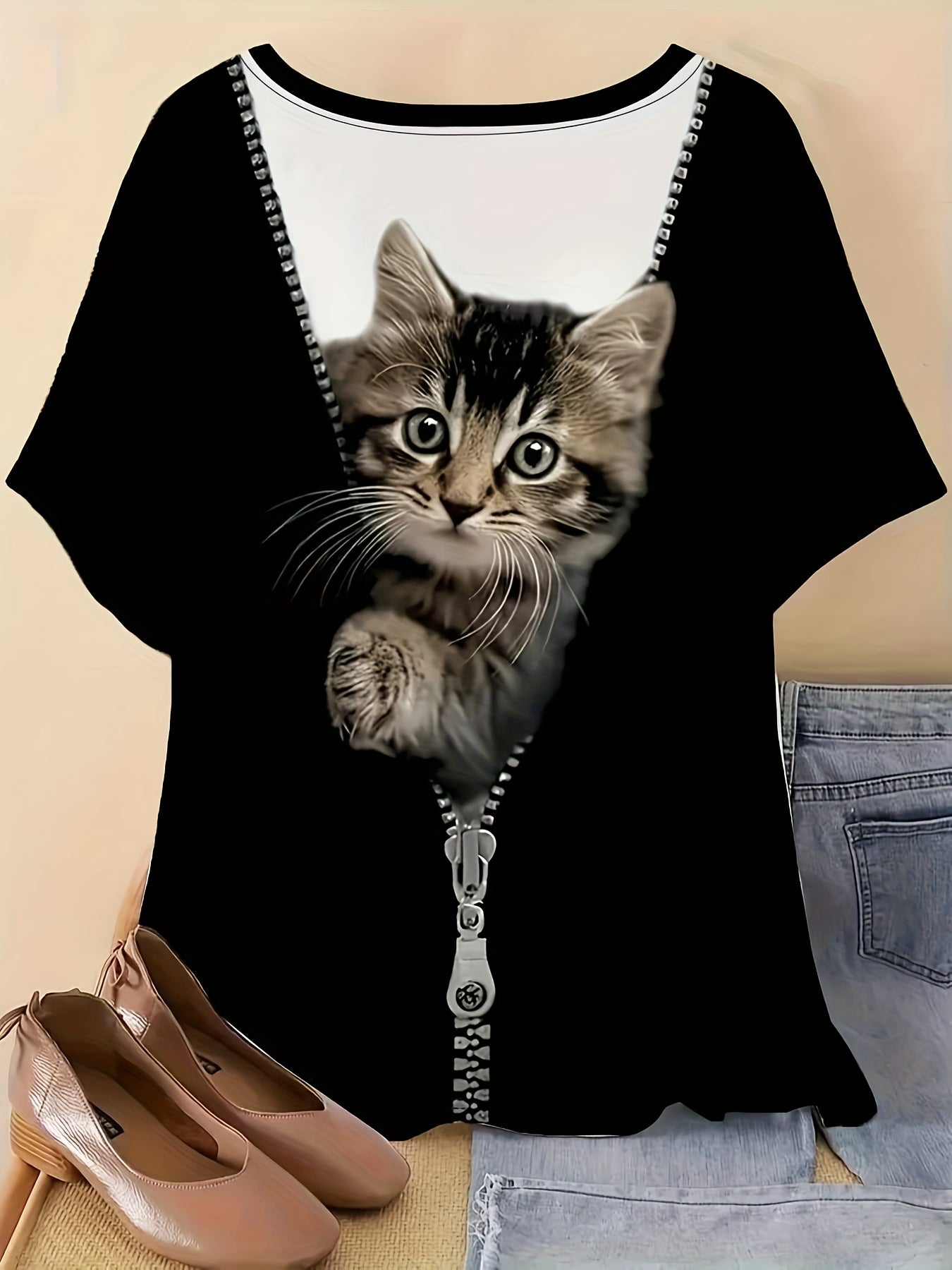 Plus Size Summer Animal Print Tee with Kitten Graphic Short Sleeve T-Shirt
