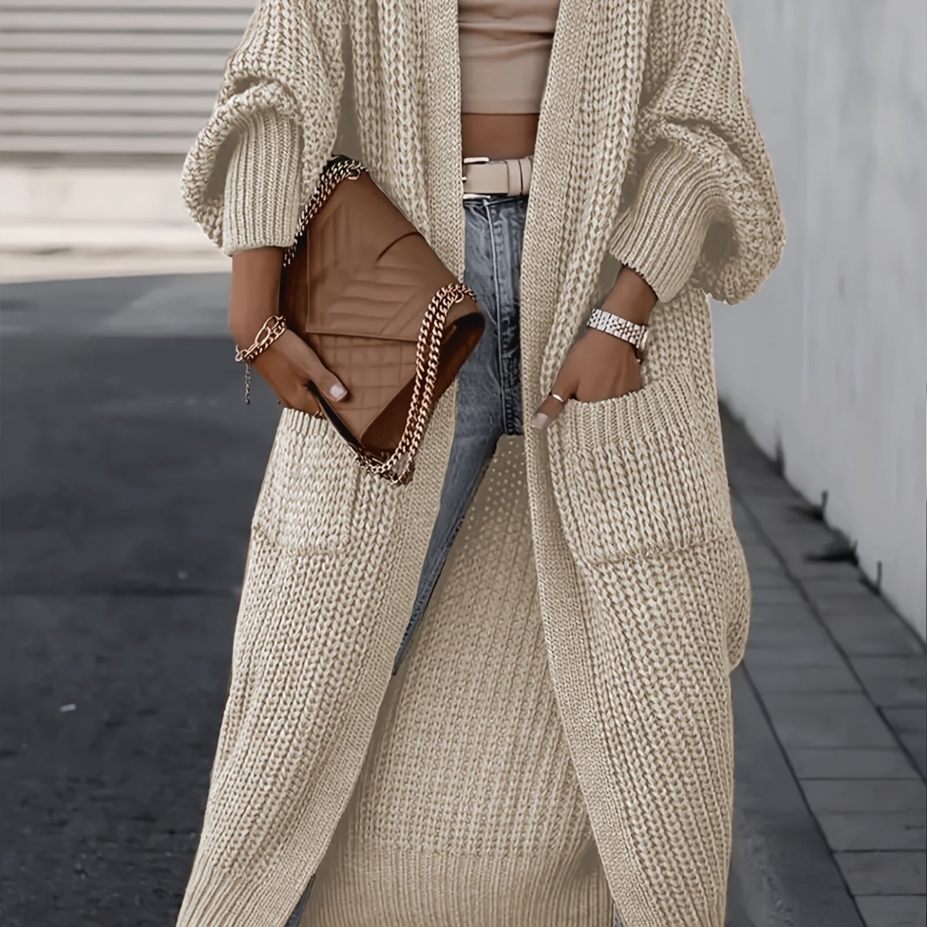 Plus o'lcham ayollar uchun kardigan, oddiy trikotaj sviter, cho'ntaklar bilan, kuz va qish uchun