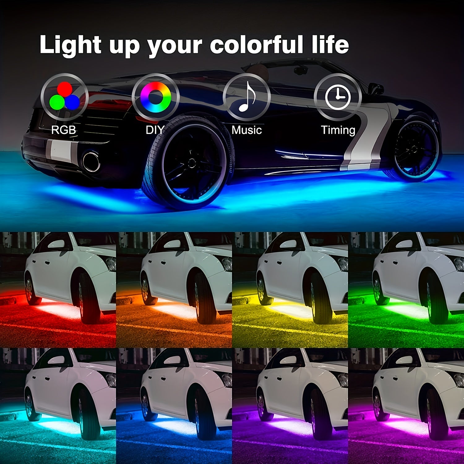 4pcs Car Under Glowing LED Strip Lights Kit App Controlled Music Sync