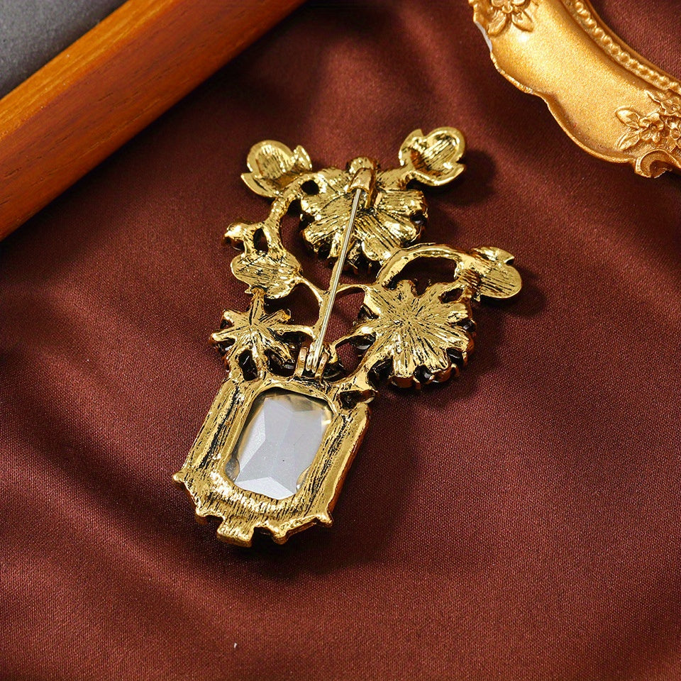 Vintage uslubidagi fransuz yashil kristal vaza brosh, noyob niş dizayni, ayollar uchun hashamatli moda aksessuari.