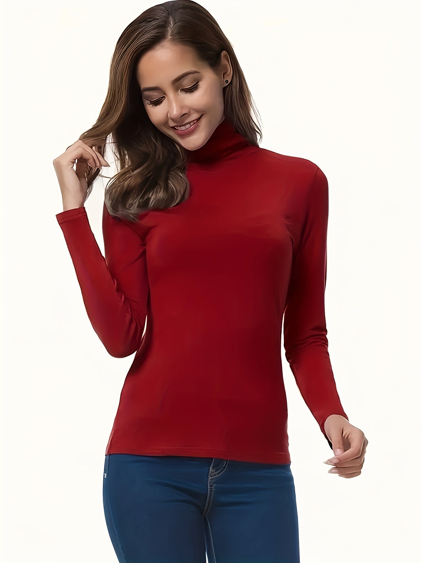 Plus Size Women Solid Color High Neck T-Shirt Long Sleeve Casual Top