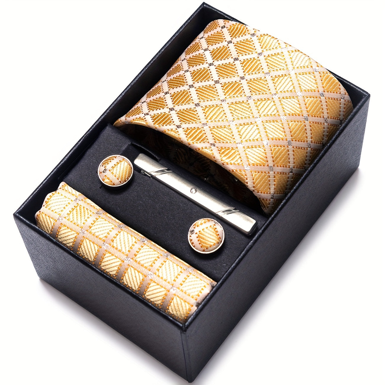 Men's Plaid Tie Set with Pocket Square Cufflinks and Tie Clip in Gift Box