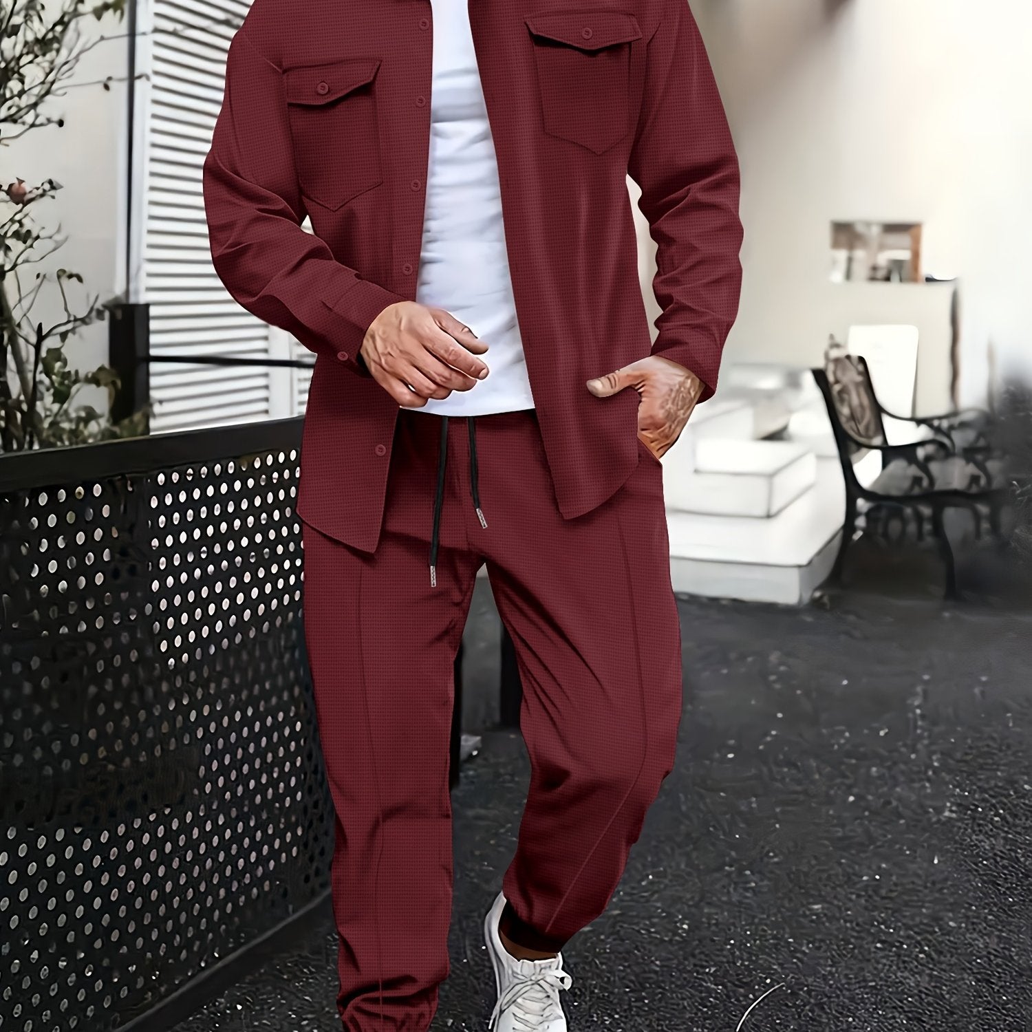 Men's Casual Sports Suit Set Long Sleeve Polyester Shirt with Pockets and Pants