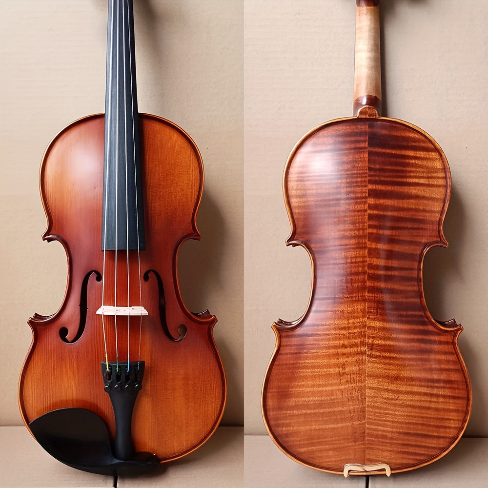 Full Size Violin Set with Tiger Stripe Maple Wood Olive Brown Spruce Top Ebony Accessories