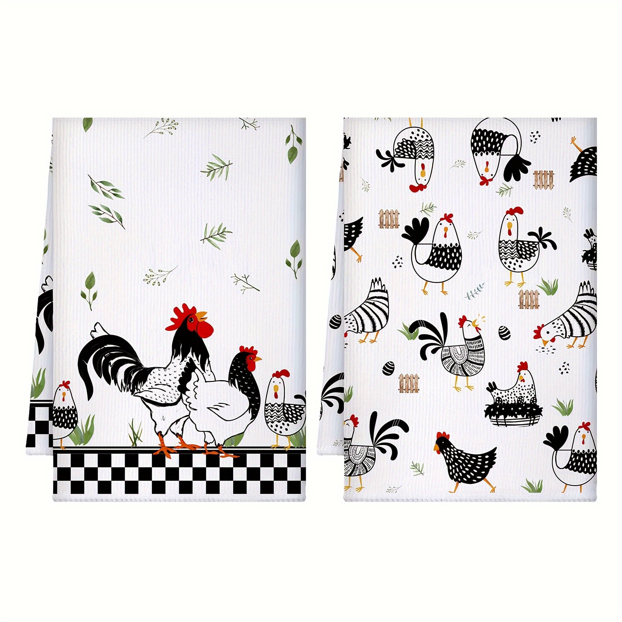 Buffalo Plaid Rooster and Hen Hand Towels for Farmhouse Kitchen Decor