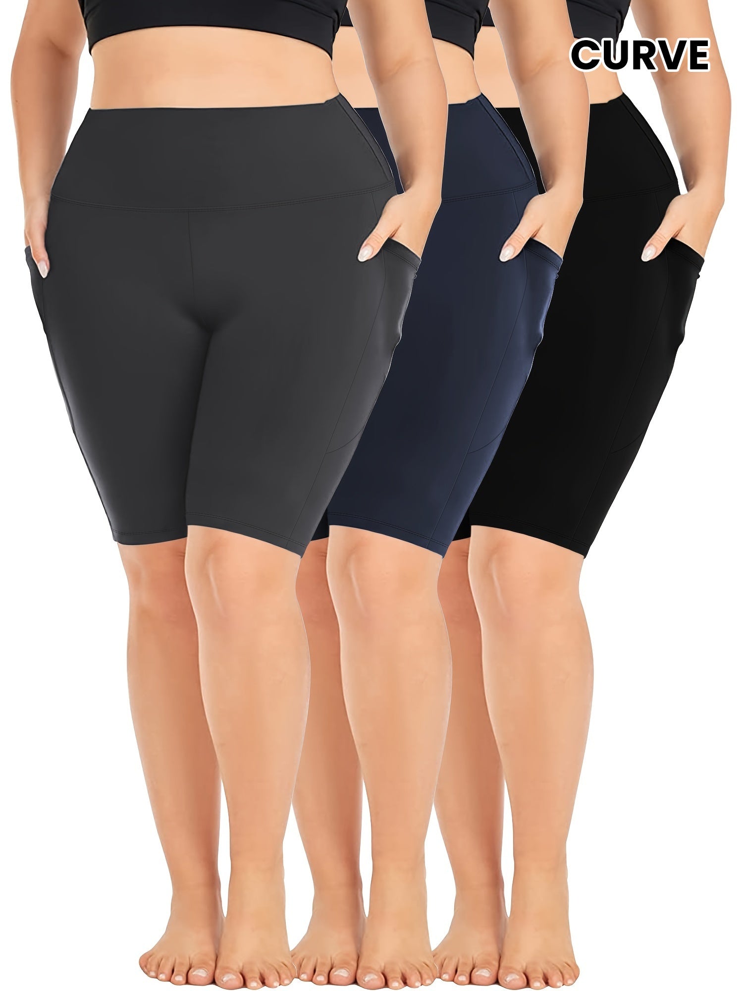 Women's Plus Size High Waist Solid Color Shorts Activewear Set of 3
