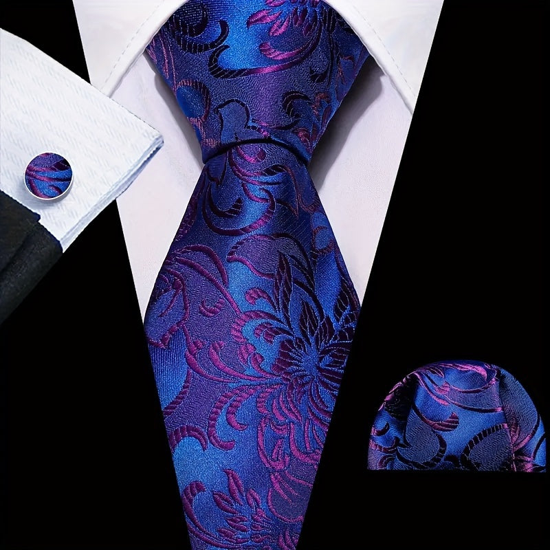 Men's Polyester Necktie Set with Woven Paisley Pattern and Matching Cufflinks for Business and Formal Wear