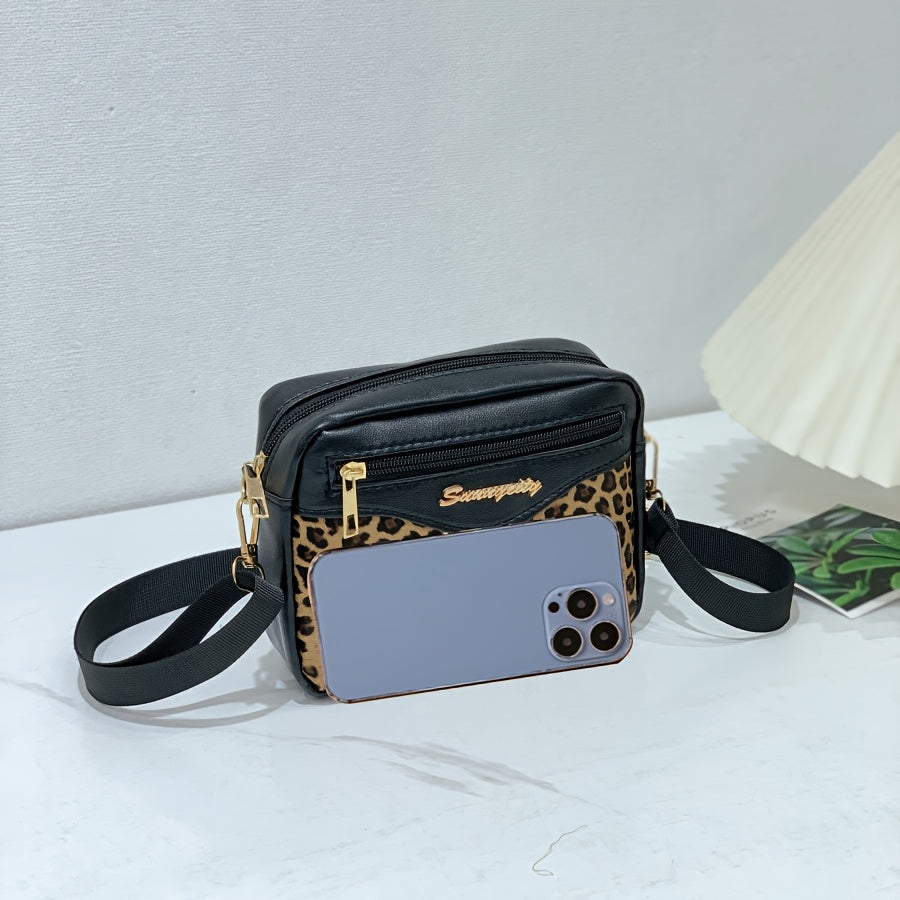 Bolso bandolera de leopardo para mujer, pequeño, de PU negro, casual, con bolsillo para teléfono y monedero