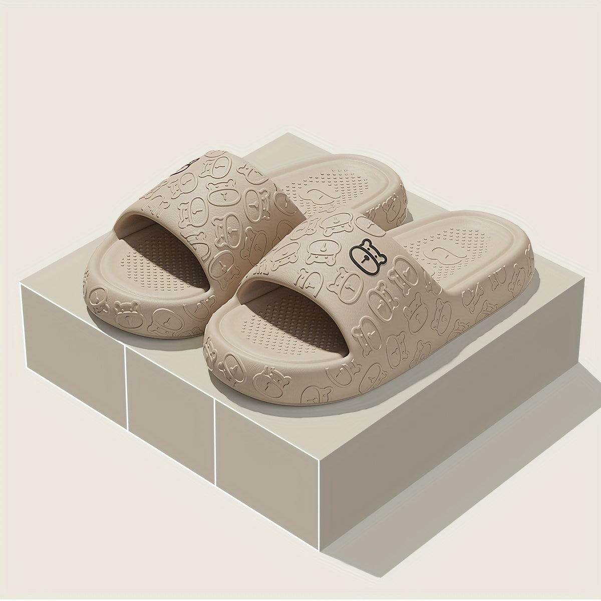 Unisex Cartoon Bear Print Slip-On Indoor Outdoor House Shoes Black Pink Size 48 49