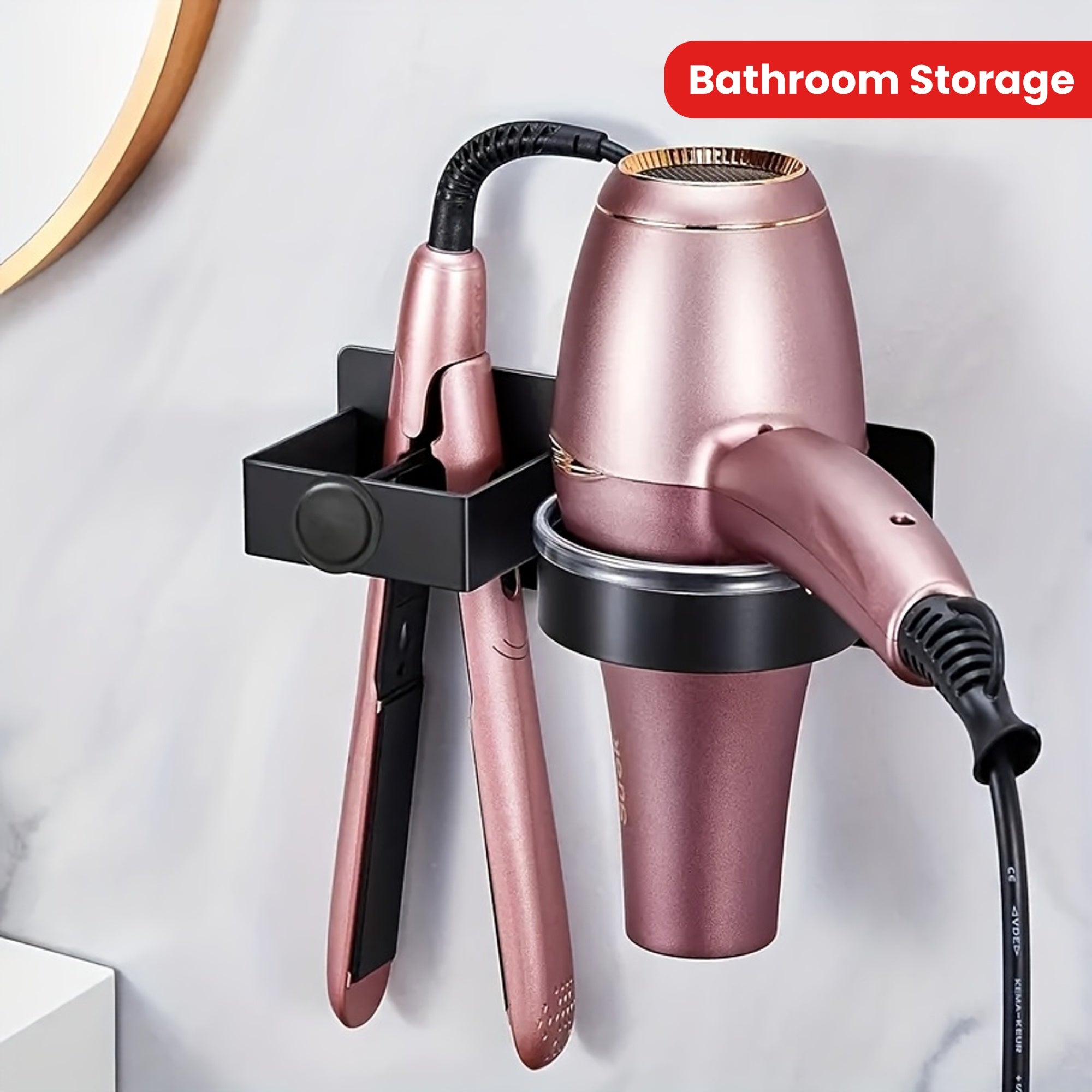 Wall-Mounted Hair Styling Tool Organizer No-Drill Bathroom Storage Rack for Hair Dryer Straightener Curling Iron