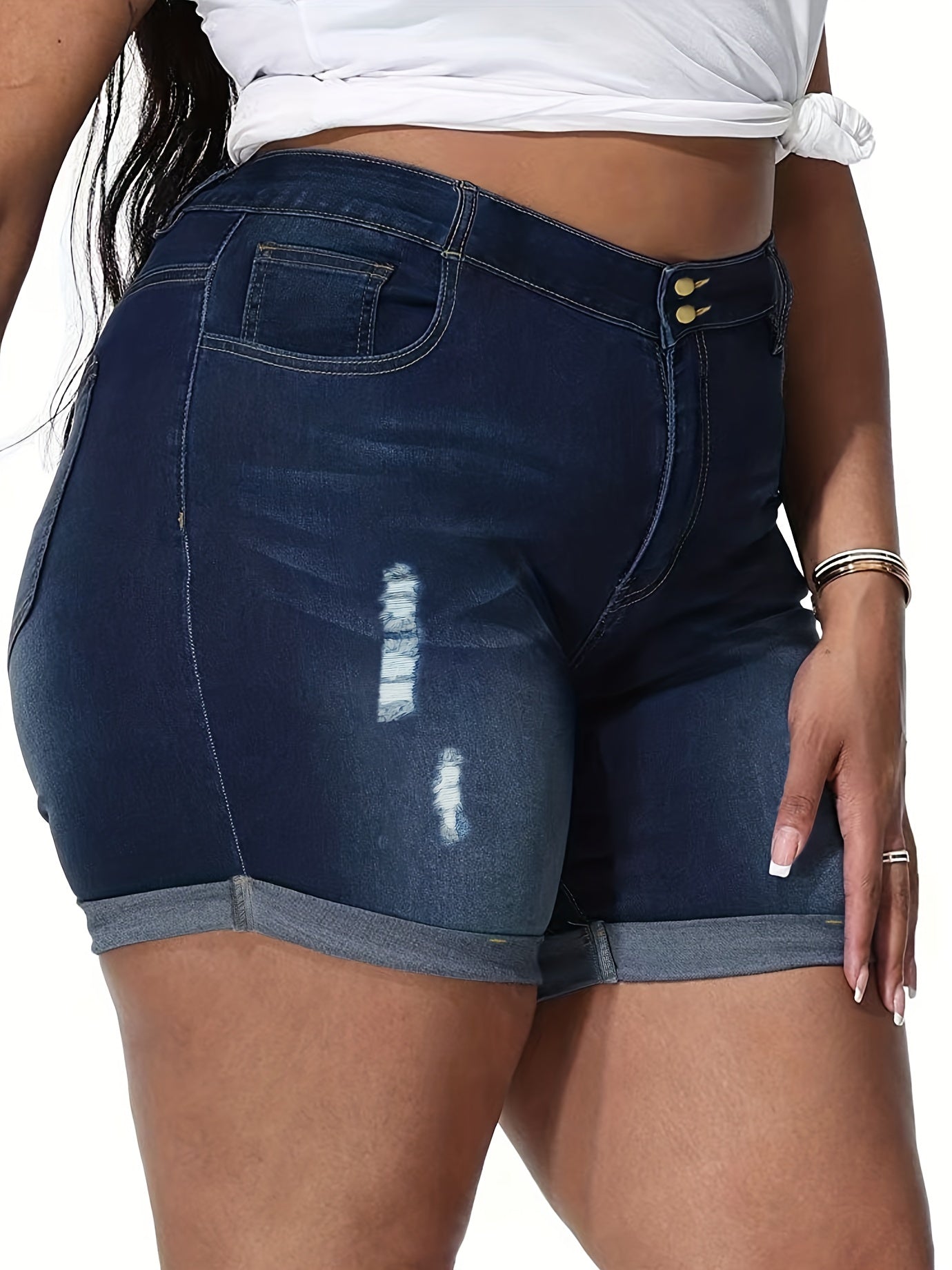 Plus Size Women's Denim Shorts Ripped Mid-Stretch CuffedSummer Casual