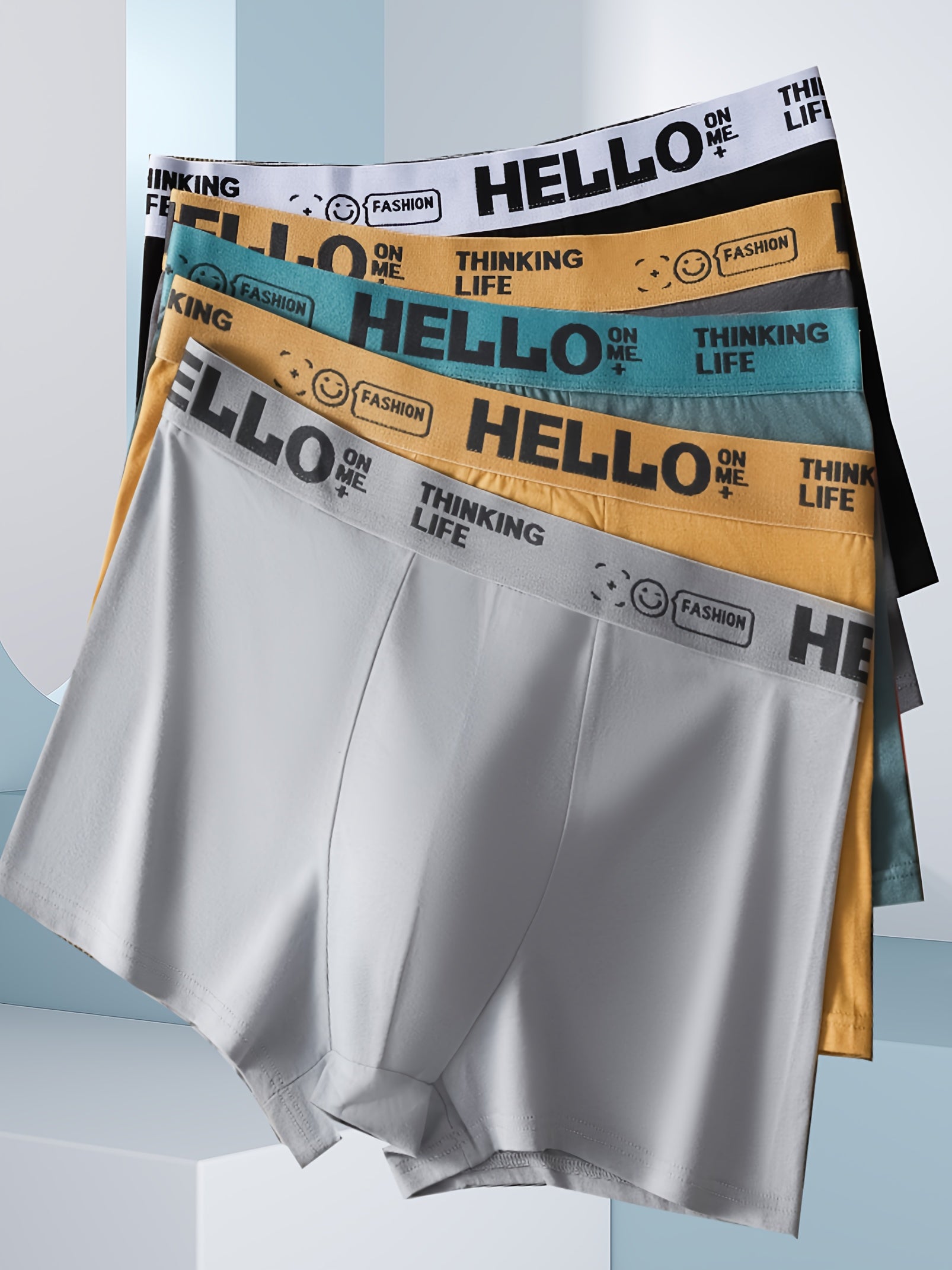 5 dona erkaklar uchun nafas oladigan, cho'ziluvchan boxer shortlari, geometrik naqshli tikuv bilan.