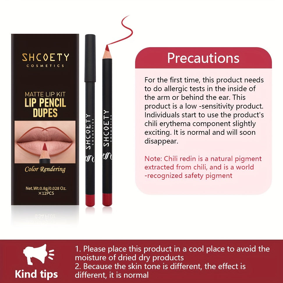 12-Color Matte Lip Liner Set Long Lasting Non-Sticky Pencil Makeup